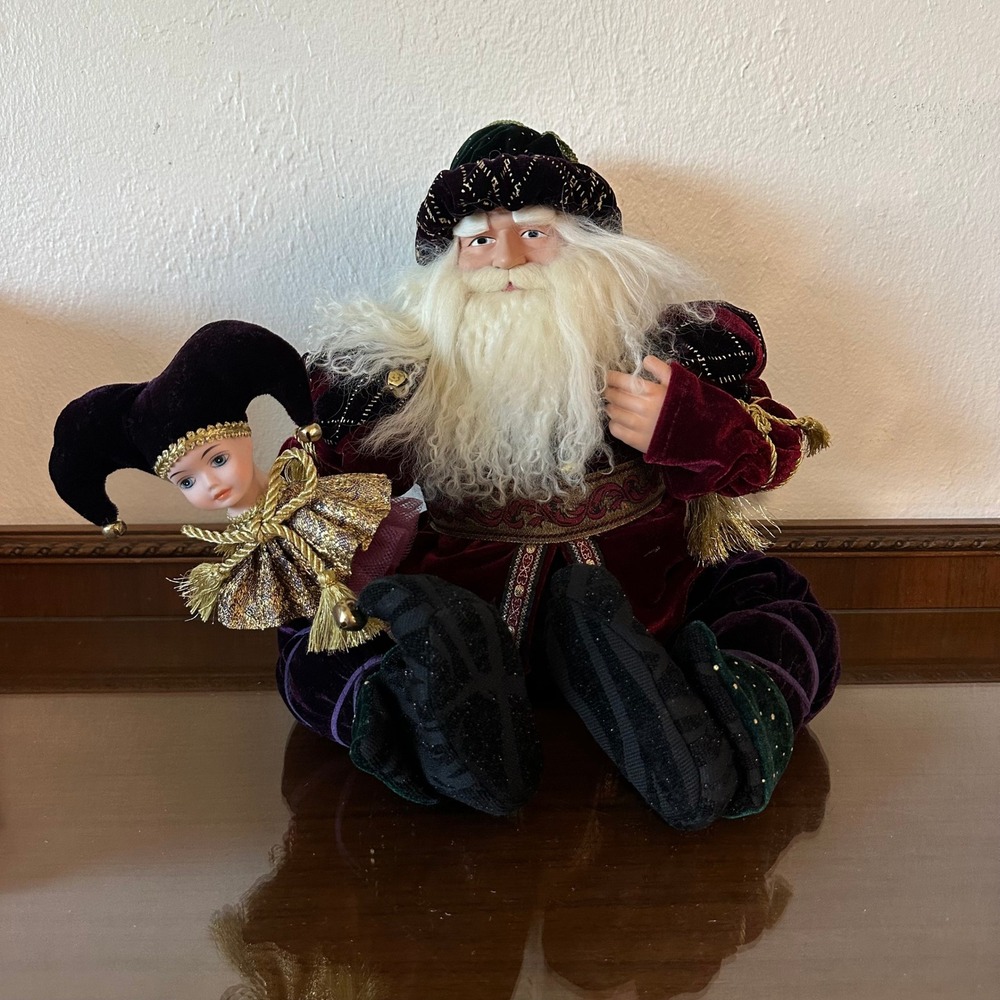 Costco Wholesale Santa Claus Figurine Burgundy Velvet Jester Doll Holiday Decor